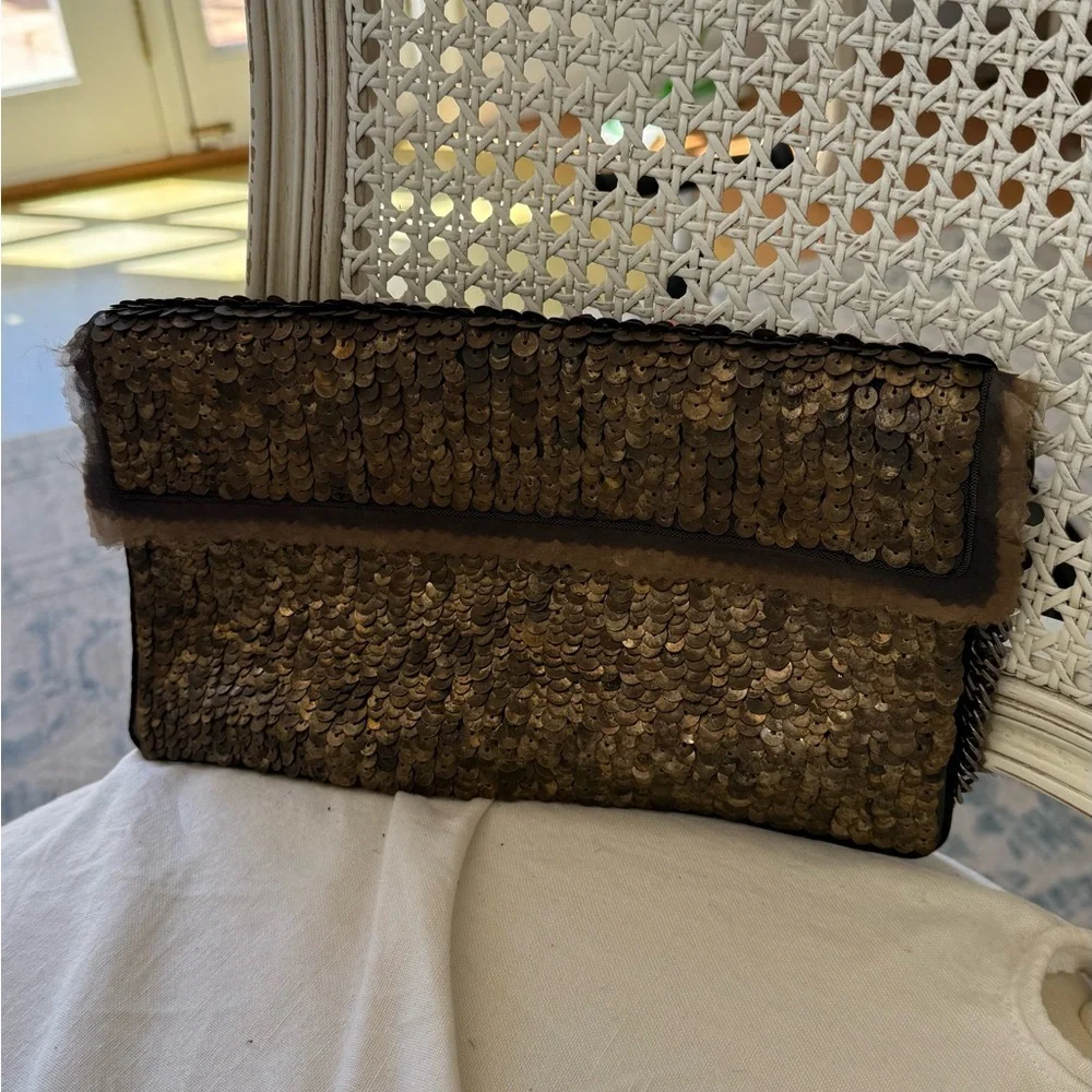 Metal Sequin Envelope Clutch with Chain Strap - Brown